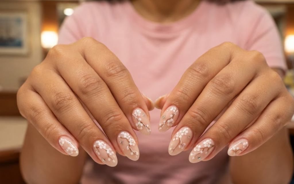 In this image, cruise wedding nails feature short almond nude press-ons with white cherry blossom branches, worn by hands in a pink shirt.