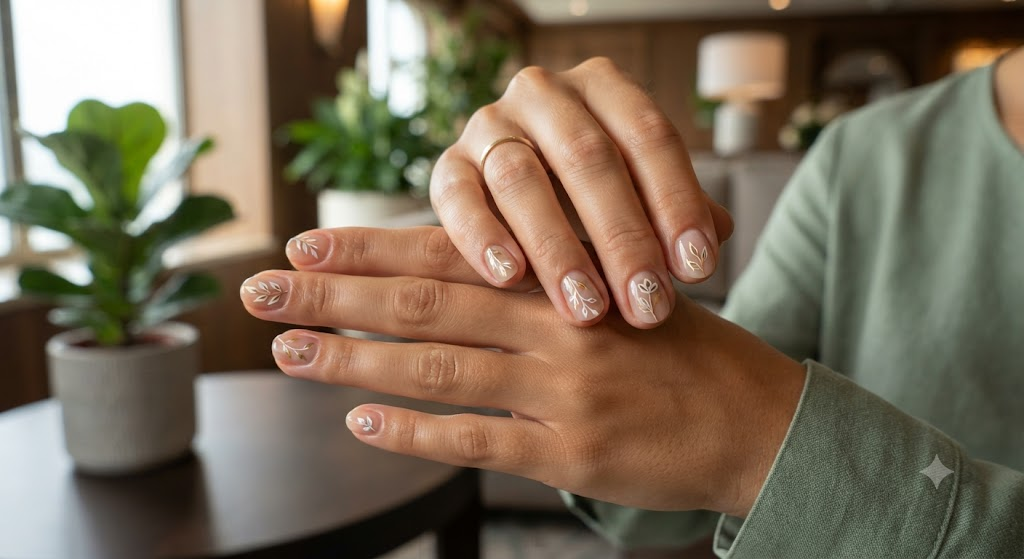 In this image, cruise wedding nails display short round transparent nude nails with single-stem leaf art, worn by hands in a sage green top.