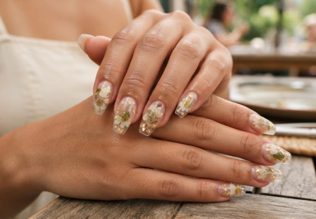 In this image, cruise wedding nails showcase short coffin clear nails encapsulating pressed white flowers, worn by hands in a cream sundress.