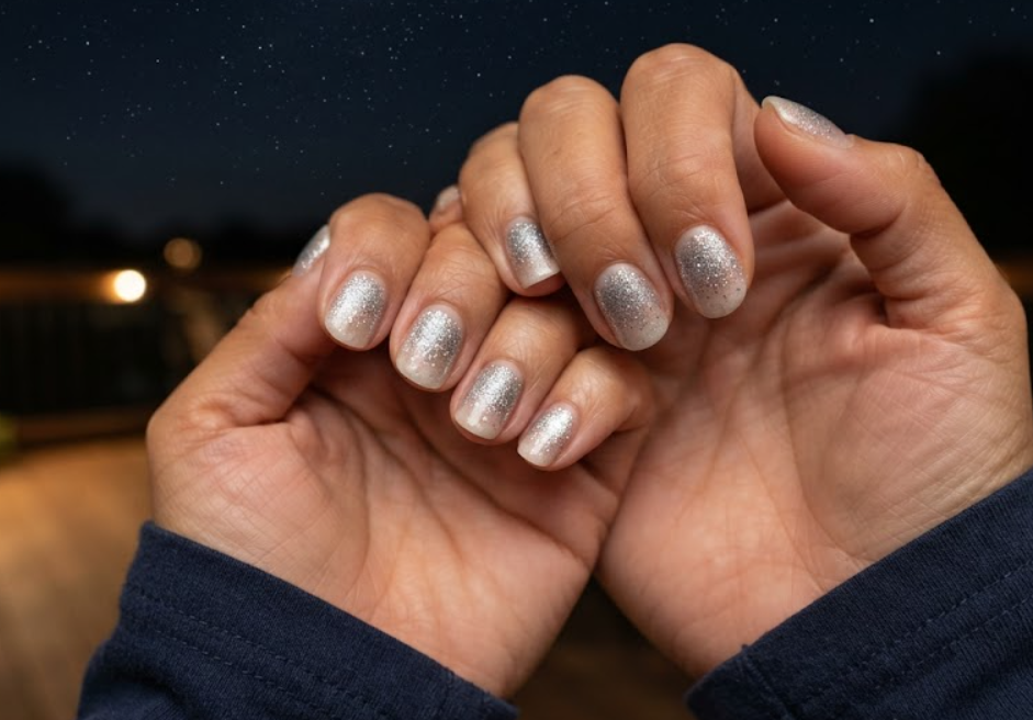 In this image, cruise wedding nails feature short round silver micro-glitter gradient fade nails, worn by hands in a midnight blue shirt.