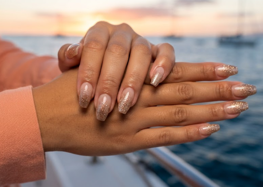 In this image, cruise wedding nails display short coffin warm champagne glitter ombré nails, worn by hands in a warm peach dress.