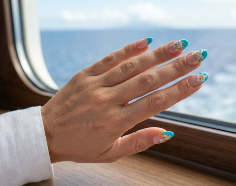 In this image, full hand nails feature Coastal Bloom French cruise nail ideas.