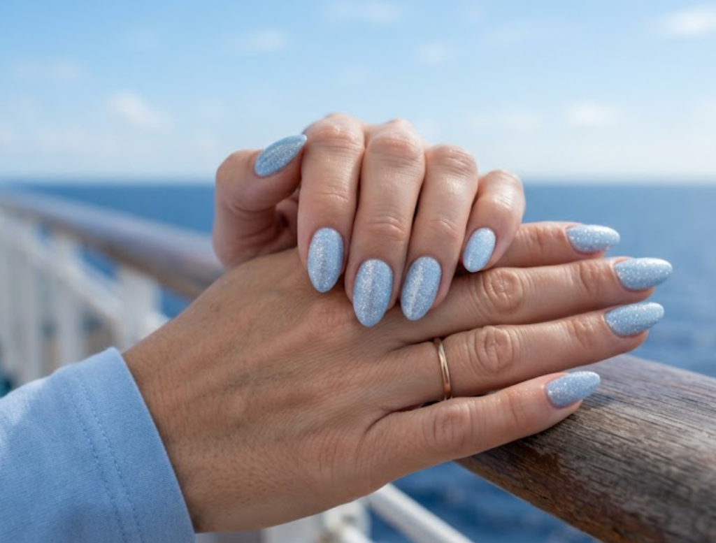 In this image, cruise wedding nails highlight short almond pastel blue nails with diamond dust shimmer, worn by hands in an ice blue shirt.