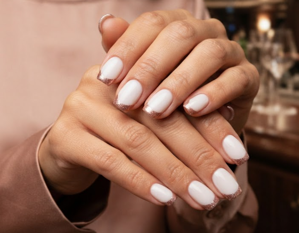 In this image, cruise wedding nails feature short squoval milky nails with sparkling rose gold glitter tips, worn by hands in a rose gold satin top.