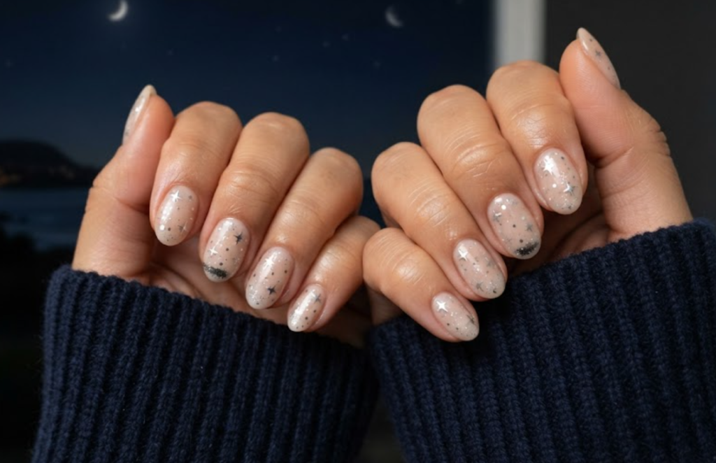 In this image, cruise wedding nails display short oval nude nails with starry painted silver dots, worn by hands in a dark navy sweater.
