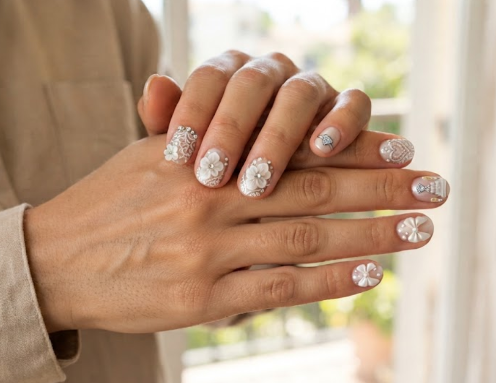 In this image, cruise wedding nails highlight short round natural nude nails with a shimmering pearl topcoat, worn by hands in a beige linen shirt.