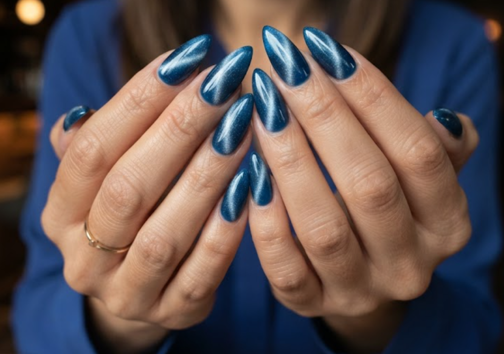 In this image, cruise wedding nails show short stiletto deep blue cat-eye magnetic nails, worn by hands in a royal blue blouse.