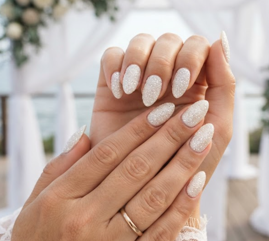 In this image, cruise wedding nails display short almond ivory bridal nails covered in thick diamond dust, worn by hands in white bridal fabric.