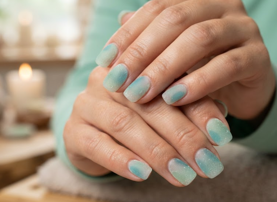 In this image, cruise wedding nails feature short squoval frosted sea glass nails in mint and aqua, worn by hands in a mint tee.