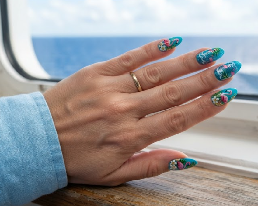 In this image, full hand nails feature Blue Lagoon Flamingo cruise nail ideas.