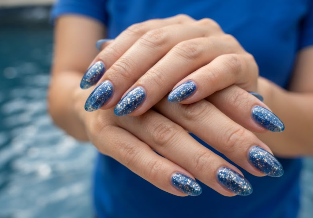 In this image, cruise wedding nails highlight short almond blue jelly glass nails with gold dust, worn by hands in a royal blue shirt.