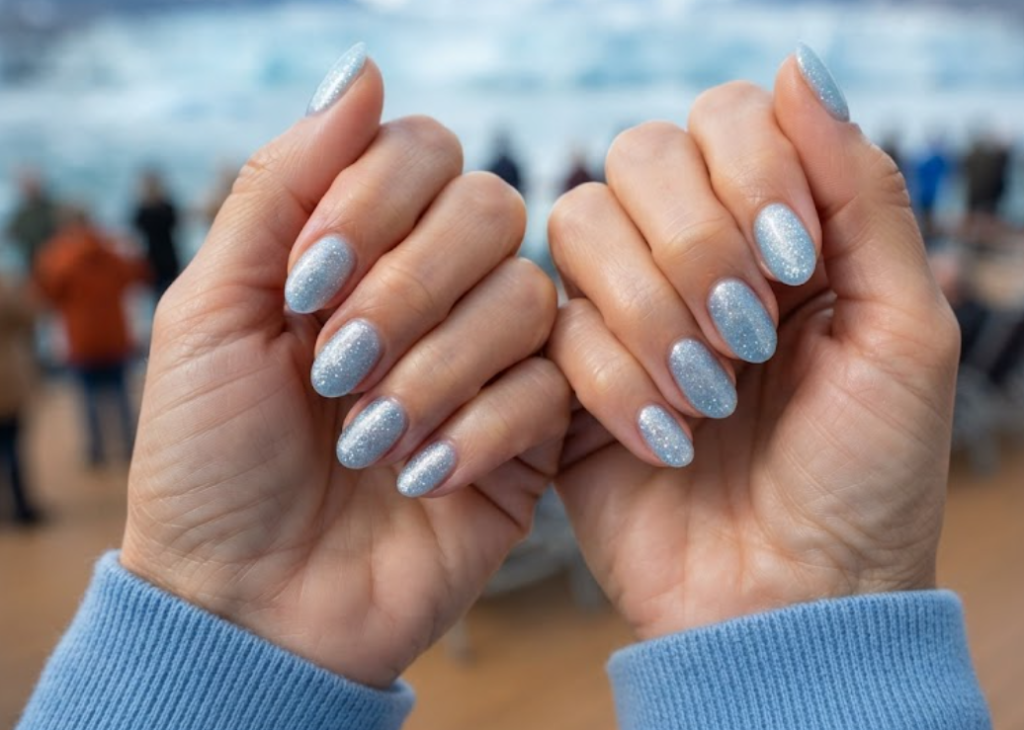 In this image, cruise wedding nails feature short oval ice-blue glacier sparkle nails, worn by hands in a frost blue sweater.