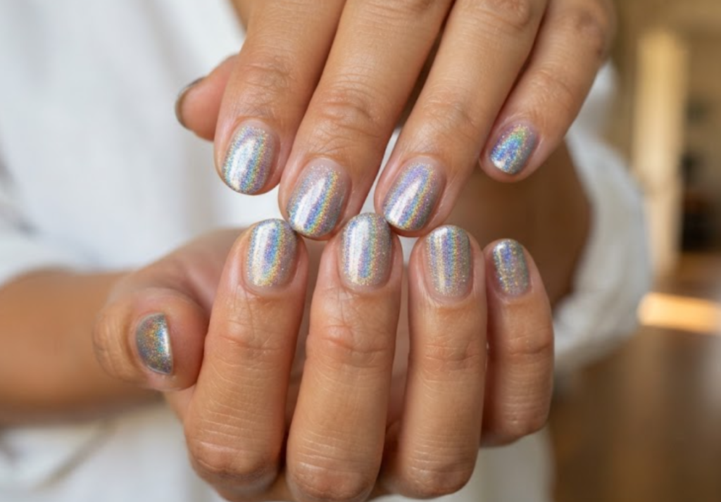 In this image, cruise wedding nails display short round nude nails with an oceanic prism rainbow reflection topcoat, worn by hands in a pearl blouse.