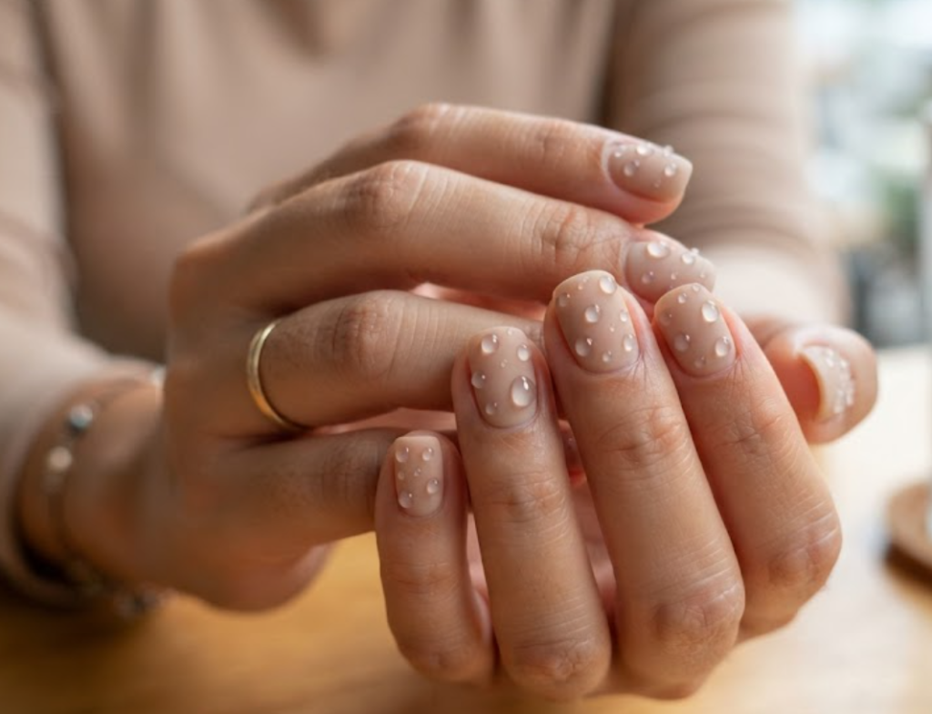 In this image, cruise wedding nails show short squoval matte nude nails with sculpted 3D water droplets, worn by hands in a nude beige top.