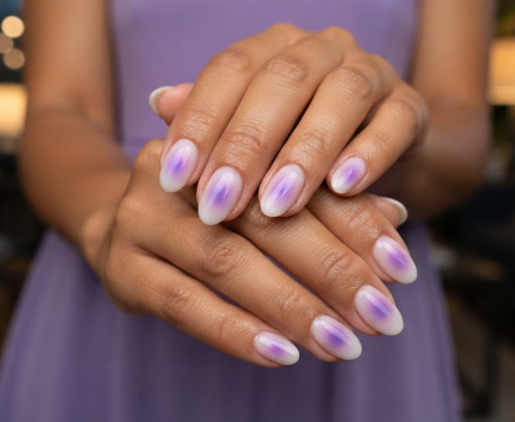 In this image, cruise wedding nails display short oval twilight purple blush glow nails, worn by hands in a soft purple dress.