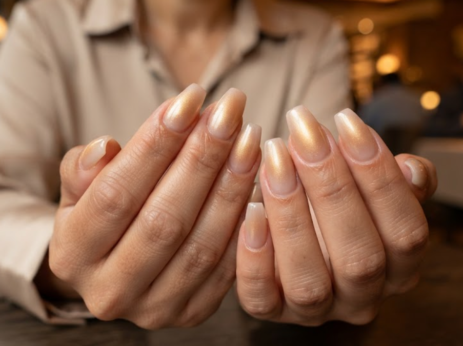 In this image, cruise wedding nails show short coffin champagne sunset aura glow nails over nude, worn by hands in a champagne shirt.