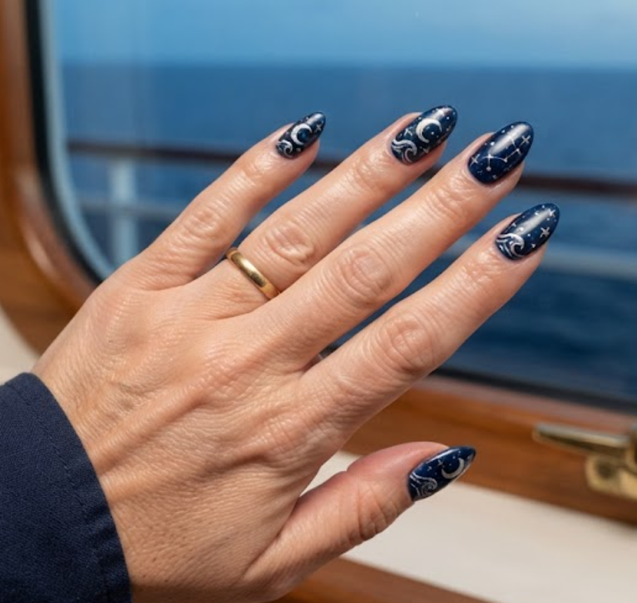 In this image, full hand nails feature Starry Beach Night cruise nail ideas.
