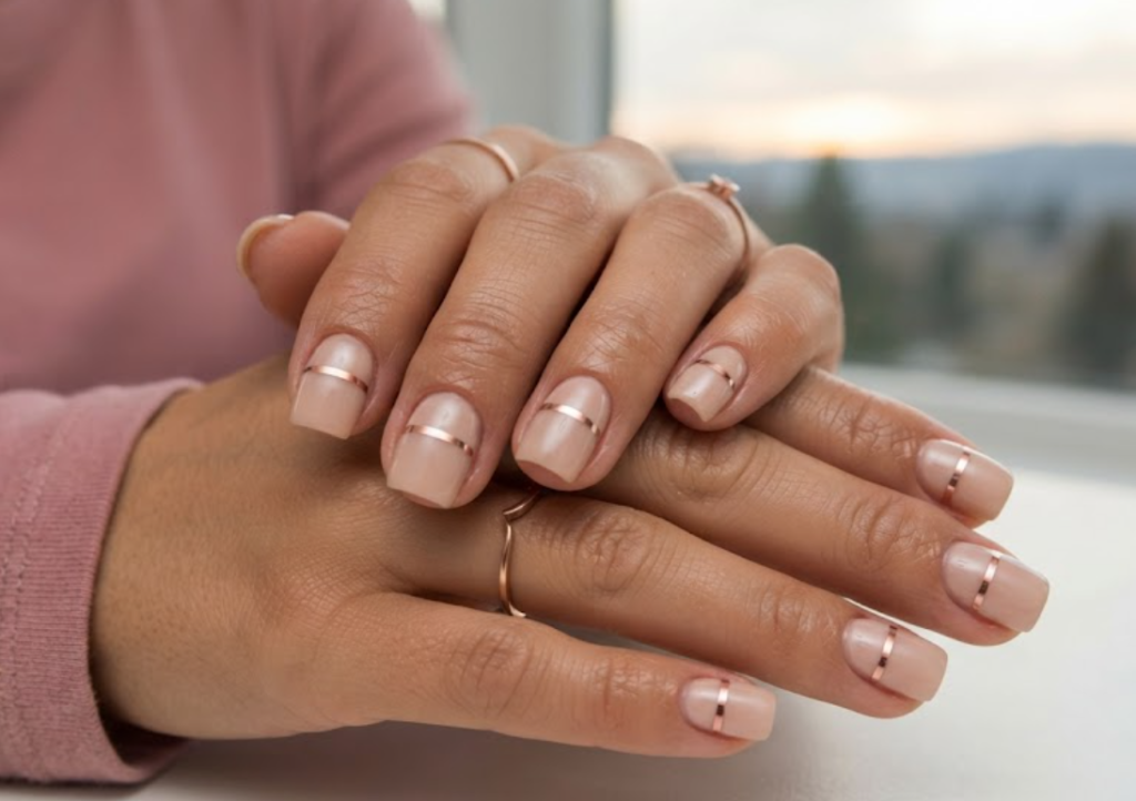 In this image, cruise wedding nails highlight short square nude nails with a rose gold horizon strip, worn by hands in a dusty pink shirt.