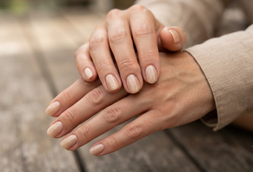 In this image, cruise wedding nails show short round nude nails with a fine golden sand texture finish, worn by hands in a sand linen shirt.