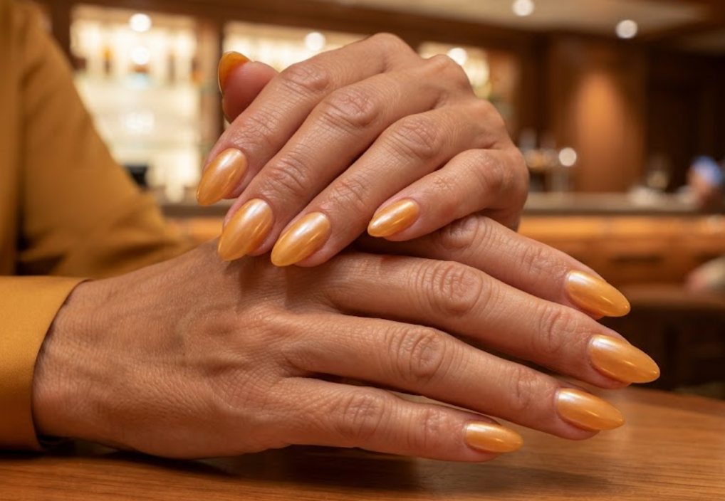 In this image, cruise wedding nails highlight short almond warm amber and pearl finish nails, worn by hands in an amber gold top.