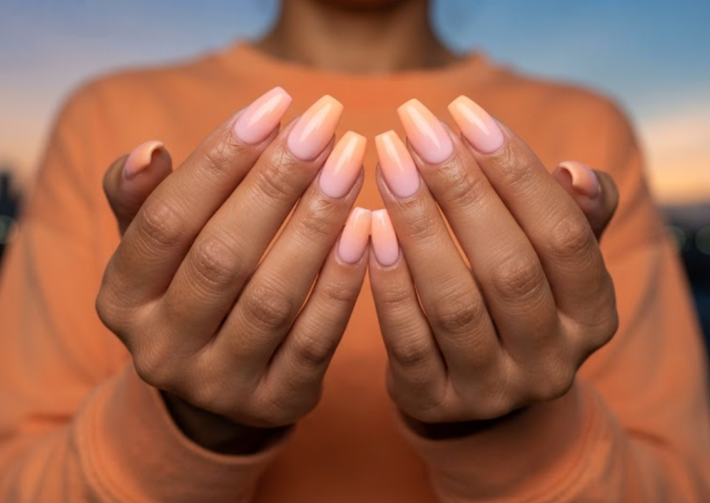 In this image, cruise wedding nails feature short coffin pastel pink and orange sunset gradient nails, worn by hands in a sunset orange shirt.