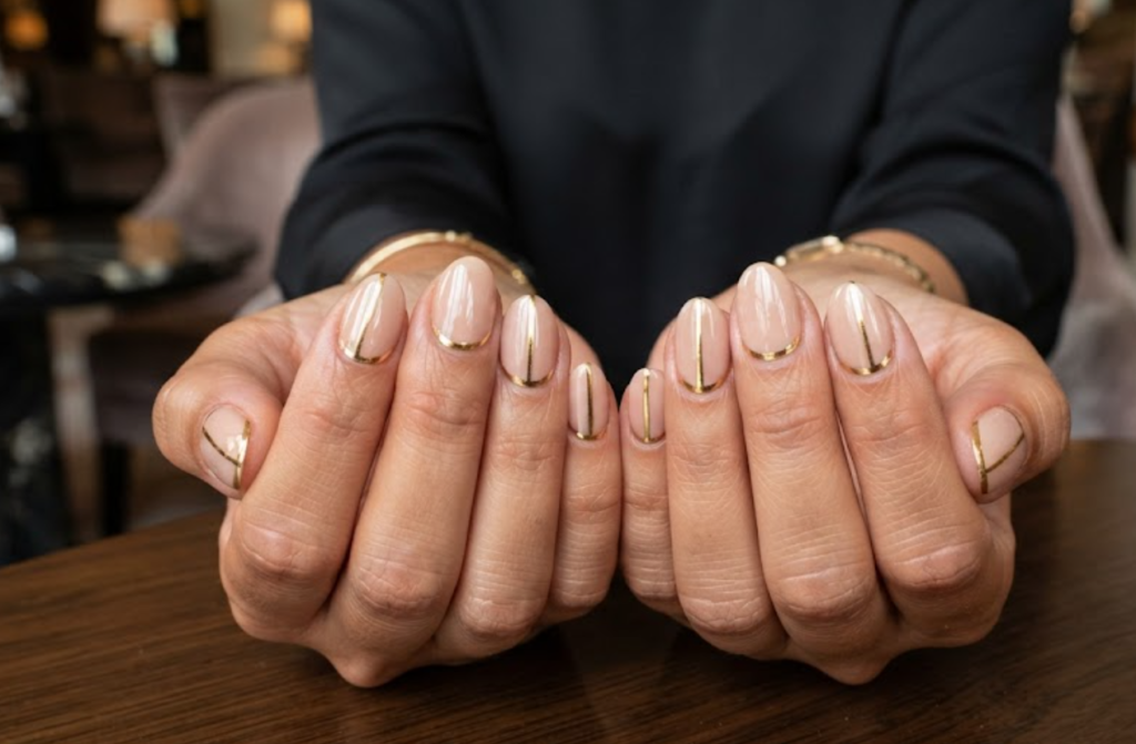 In this image, cruise wedding nails display short oval nude nails with a gilded metallic gold side strip, worn by hands in a black and gold top.