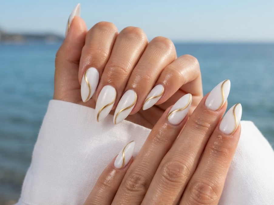 In this image, cruise wedding nails show short stiletto nude nails with an asymmetric sweeping wave curve, worn by hands in a white blouse.