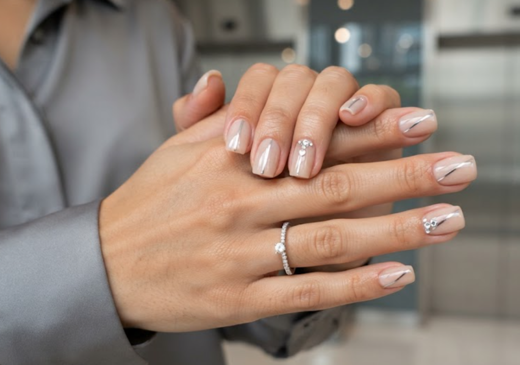 In this image, cruise wedding nails feature short square nude nails with a razor-thin silver diagonal split, worn by hands in a silver grey shirt.