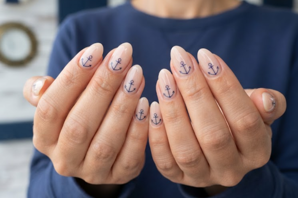 In this image, cruise wedding nails display short almond sheer nude nails with a minimalist anchor outline, worn by hands in a navy blue top.