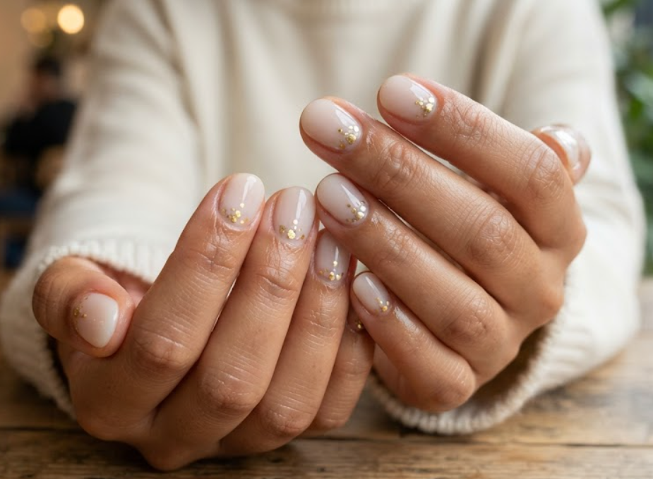 In this image, cruise wedding nails highlight short round milky nails with floating gold cuticle dots, worn by hands in a cream sweater.