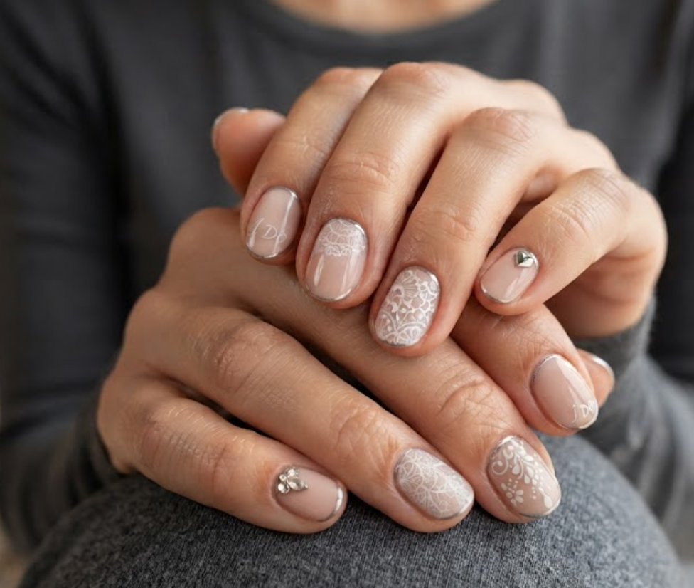 In this image, cruise wedding nails display short oval nude nails with microscopic silver cuticle framing, worn by hands in a charcoal shirt.