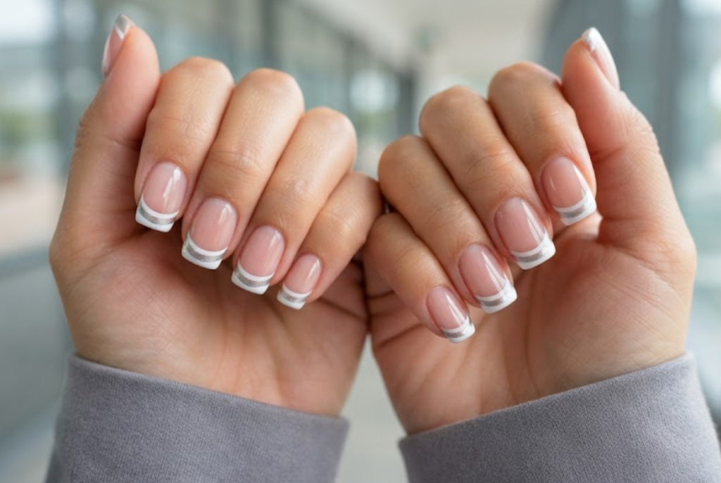 In this image, cruise wedding nails show short squoval dual-tone parallel white and silver French split tips, worn by hands in a pearl grey top.