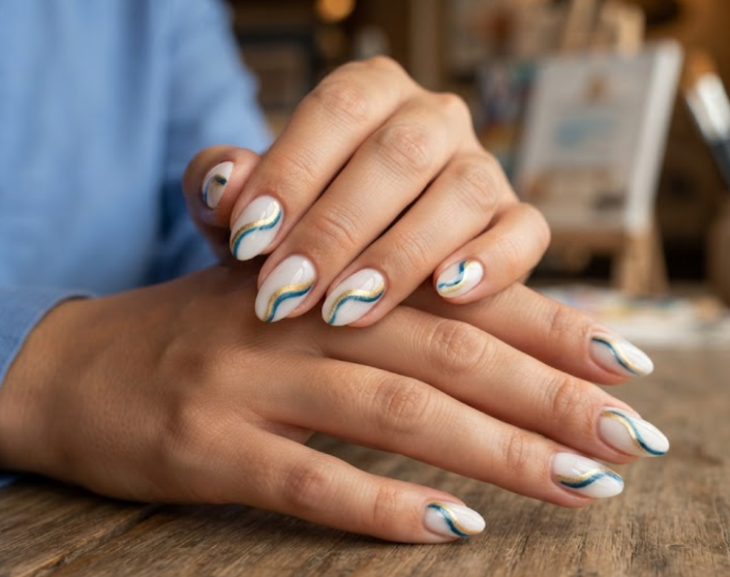 In this image, cruise wedding nails highlight short almond milky nails with a minimalist blue and gold coastal swirl, worn by hands in a soft blue blouse.