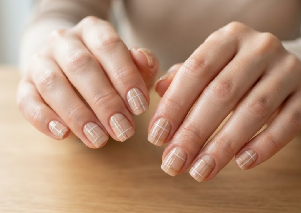 In this image, cruise wedding nails feature short square nude nails with ultra-thin white and gold grid lines, worn by hands in a beige top.