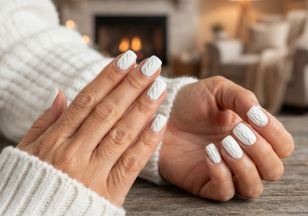 In this image, cruise wedding nails feature short square white nails with 3D cable knit ocean sweater texture, worn by hands in a white knit sweater.