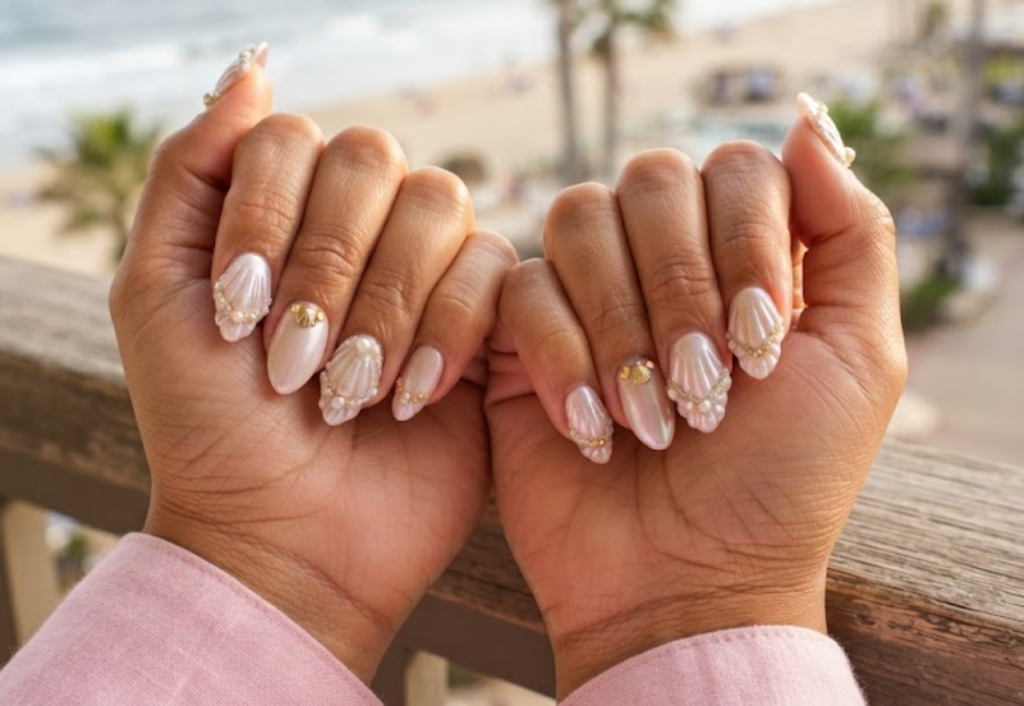 In this image, cruise wedding nails display short almond pink nails with 3D scalloped seashell edge borders, worn by hands in a seashell pink top.