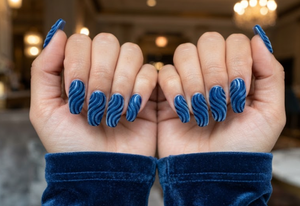 In this image, cruise wedding nails highlight short coffin deep blue nails with raised soft velvet ocean waves, worn by hands in a velvet top.