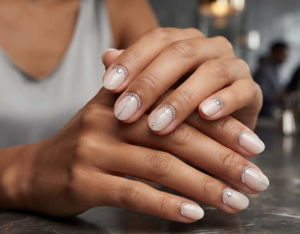 In this image, cruise wedding nails feature short oval nude nails with a semicircle arc of microscopic silver beads, worn by hands in a silver top.