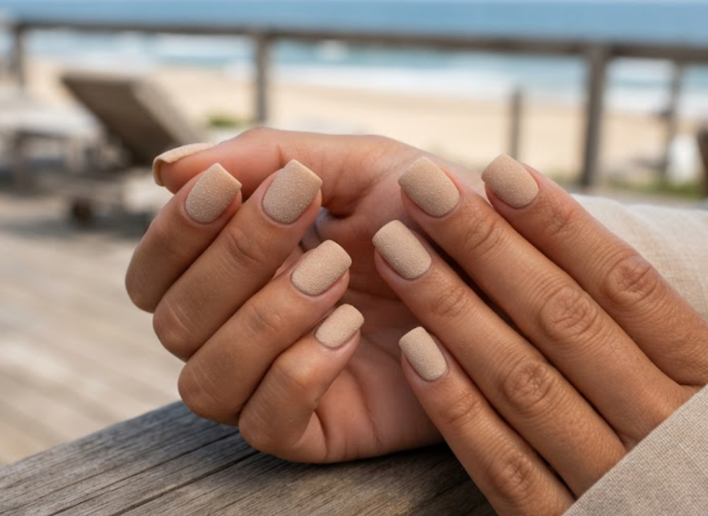 In this image, cruise wedding nails show short square beige nails with a fine textured sandstone finish, worn by hands in a sand beach shirt.e