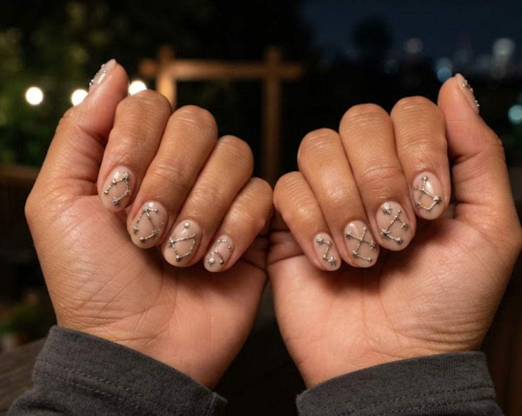 In this image, cruise wedding nails feature short round nude nails with raised metallic constellation dots, worn by hands in a dark grey shirt.