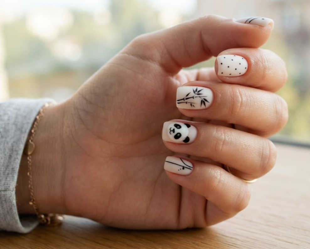 In this image, a close-up view focuses on short, square-shaped natural nails with a chic matte white base. One accent nail shows a classic black-and-white panda face, while others feature minimalist black bamboo outlines, dots, and lines. The hand wears a plain light grey shirt against a blurred window background.