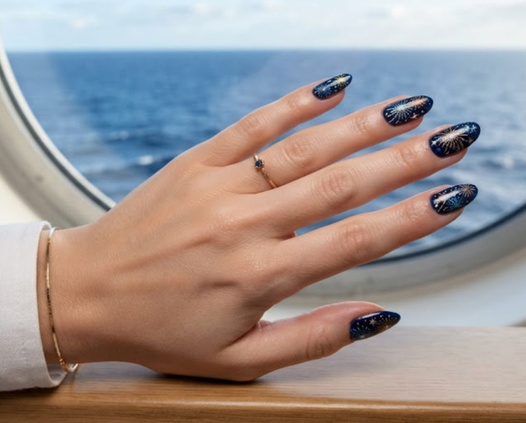 In this image, full hand nails feature Ocean Fireworks cruise nail ideas.