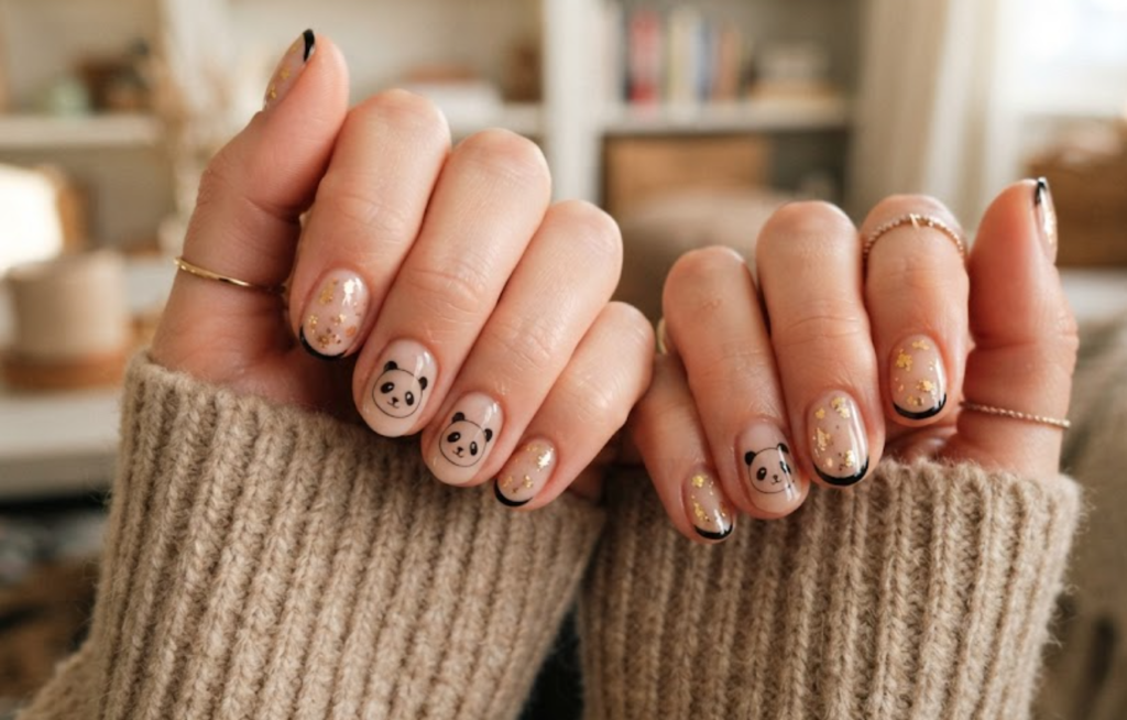 In this image, natural short round-shaped nails with a translucent nude base are in sharp focus. The design includes a minimalist fine black line panda outline. Accents feature scattered gold foil flakes and ultra-thin French tips. The hand wears a beige knitted sweater.