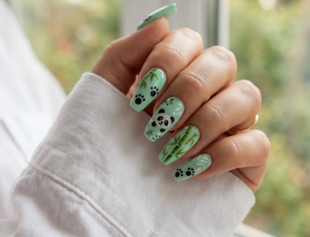In this image, a detailed shot of coffin-shaped nails highlights a glossy mint green base. One nail displays playful black panda paw prints. Others feature painted green bamboo sticks and white leaf patterns. The hand wears a solid white shirt against a blurred window view.
