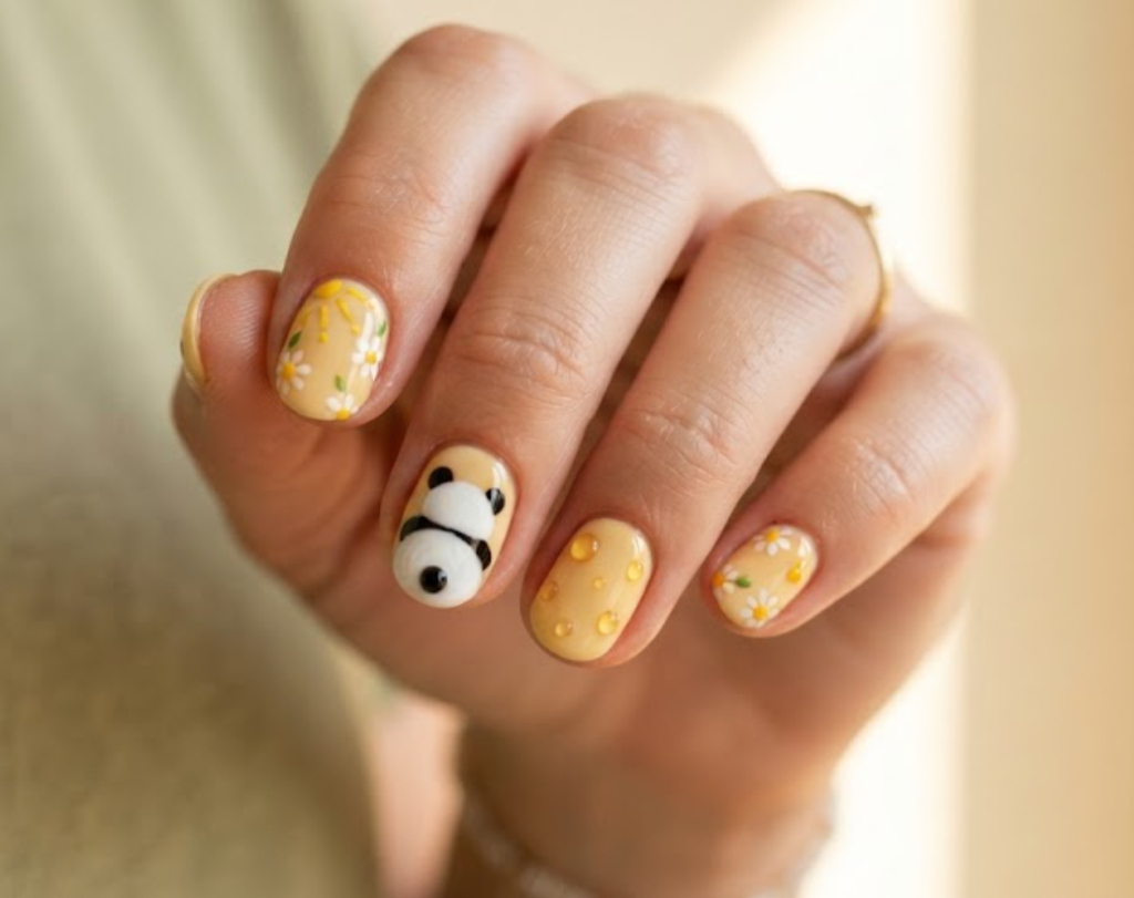 In this image, short round-shaped natural nails with a warm butter yellow base are shown. The design focuses on a panda's round white back and tiny tail. Other nails feature tiny honey drops, white daisies with yellow centers, and sunshine rays. The hand wears a light olive green shirt.