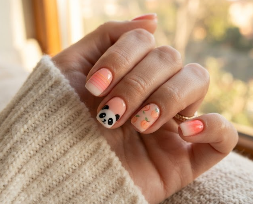 In this image, short squoval-shaped nails display a smooth peach-to-white ombre base. A cute panda face is peeking from the corner of the accent nail. Other nails show sunset gradient lines, peach slices, and soft coral washes. The hand wears a cream-colored sweater.