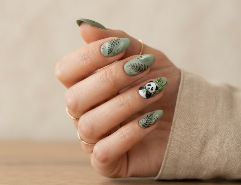 In this image, medium-length almond-shaped nails with an earthy matte sage green base are shown. The accent nail features a detailed panda munching on bamboo. Others display botanical fern leaf outlines and abstract green brushstrokes. The hand wears a beige linen shirt.