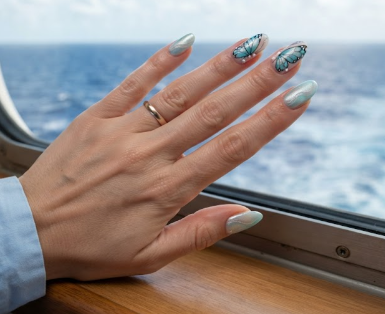 In this image, full hand nails feature Aqua Butterfly Wings cruise nail ideas.