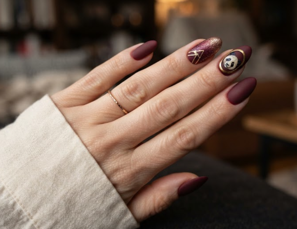 In this image, almond-shaped nails with a matte deep burgundy base are highlighted. The accent nail has a gold-framed panda face portrait. Others feature gold geometric lines, a burgundy-and-gold glitter ombre, and solid wine nails. The hand wears a cream blouse.