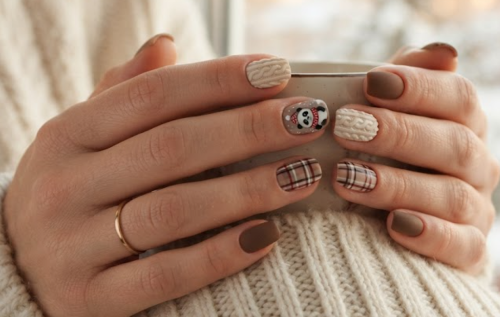 In this image, short squoval-shaped natural nails with a warm cozy taupe base are in sharp focus. The accent nail features a panda wearing a tiny red and white winter scarf. The design includes realistic 3D cable knit texture, brown plaid, and matte coffee nails. The hand wears a cream sweater.